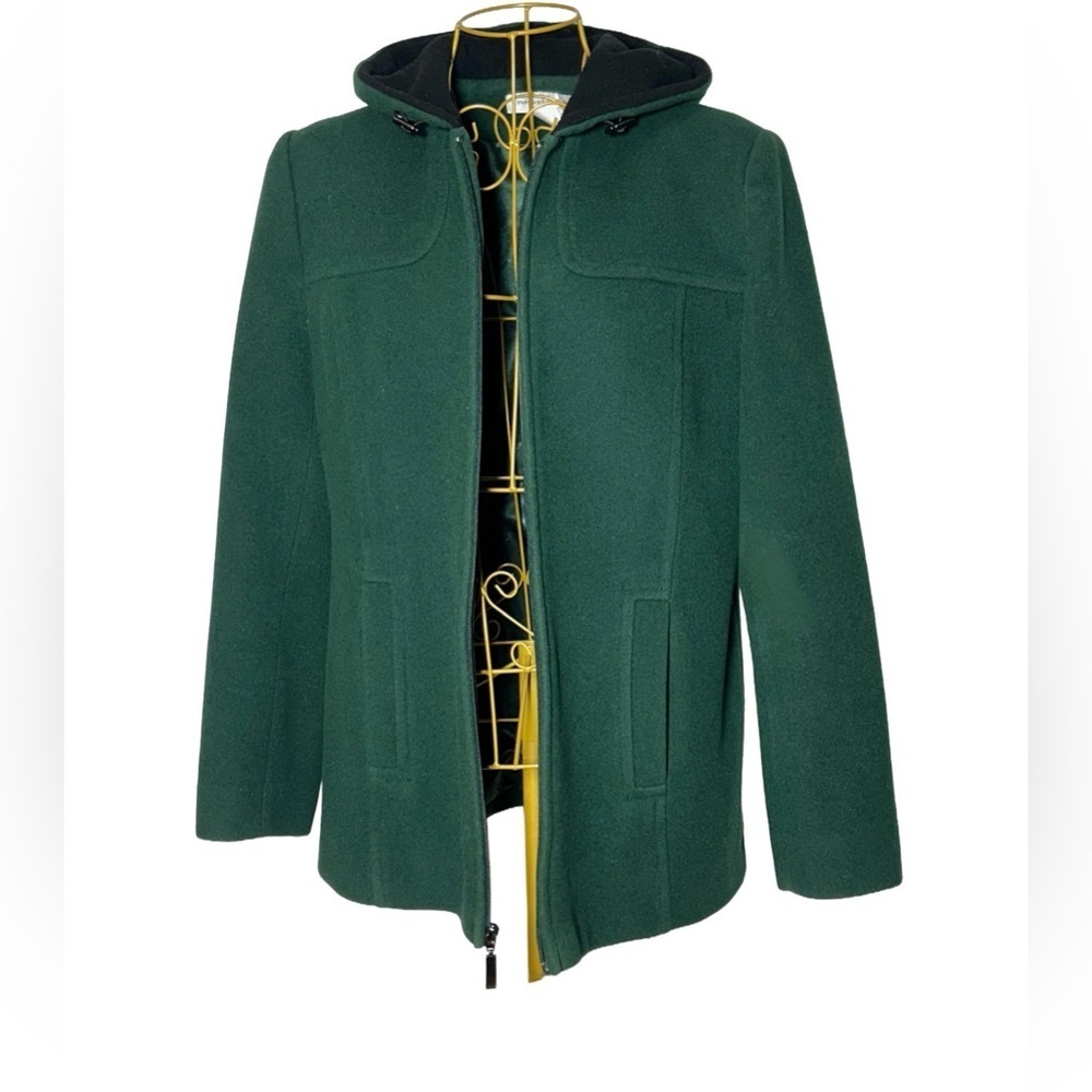 Preston & York Wool Coat in Rich Green with Pockets, Full Zip, & Hood, Small - Picture 5 of 15